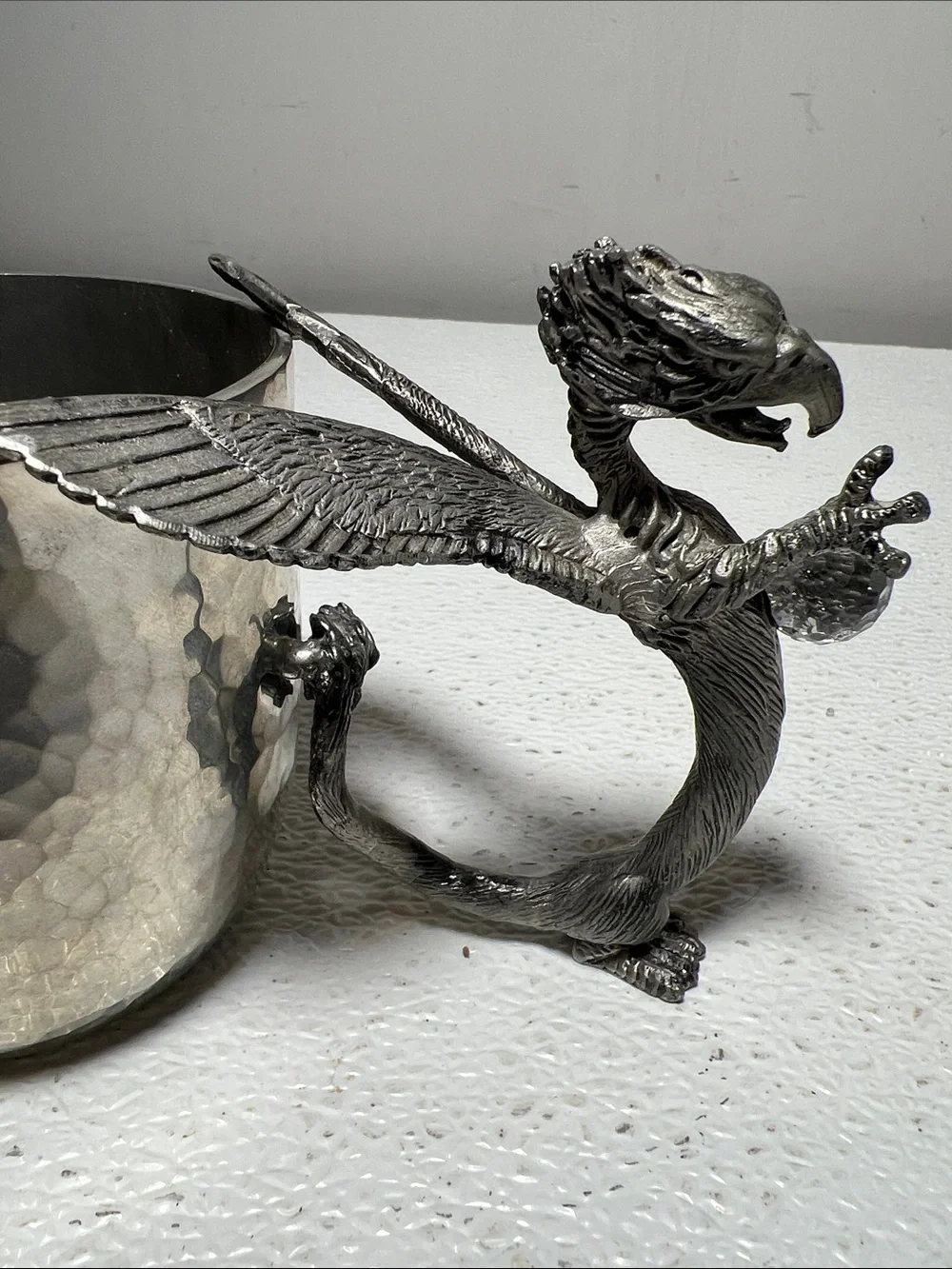 Ballema Bay Pewter Hammered Silver Cup with Decorative Winged Dragon Handle 1990